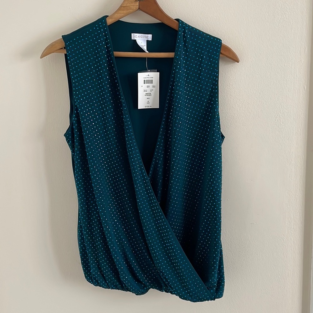 NWT Cache sleeveless blue crossover blouse with teal blue jewel studs medium